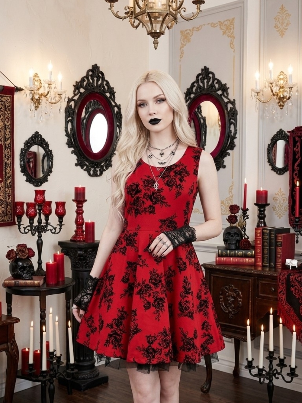 Knitworks Red and Black Floral Sleeveless Fit-and-Flare Mini Dress